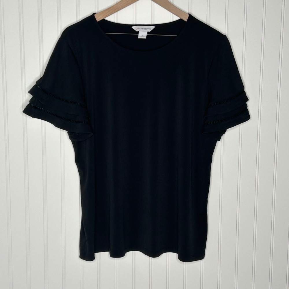 Liz Claiborne Black Ruffle Sleeve Crew Neck T Shirt Top Womens XL Made in Jordan